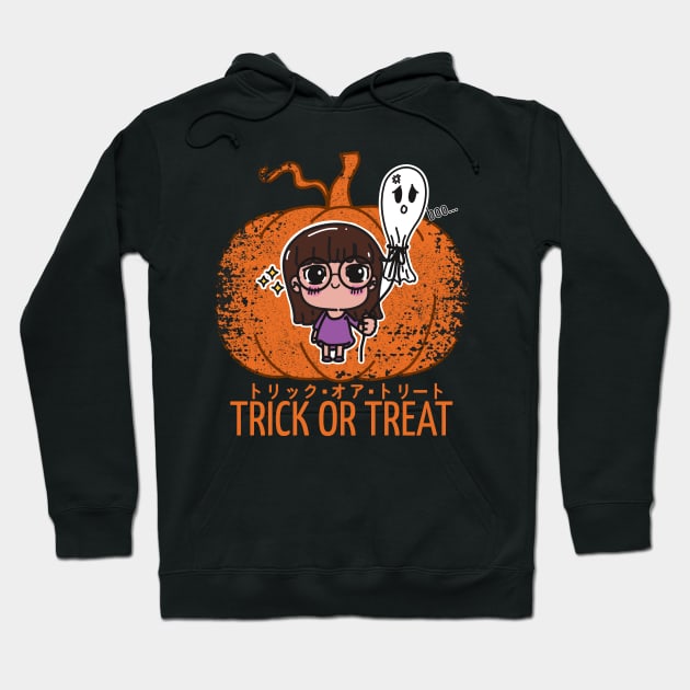 Kawaii Girl and the Unhappy Spirit: Halloween Charm on Pumpkin Background Hoodie by InnerYou